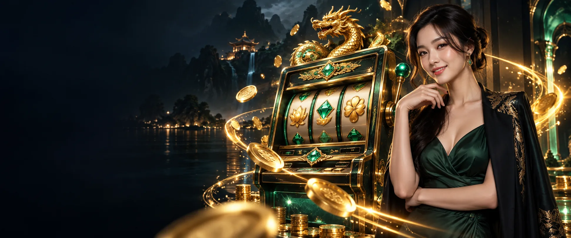 ภาพประกอบแนวเกมสล็อตและเหรียญทองพร้อมนางแบบผู้ใหญ่